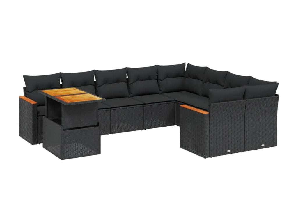 10-piece garden furniture set with cushions, black woven resin