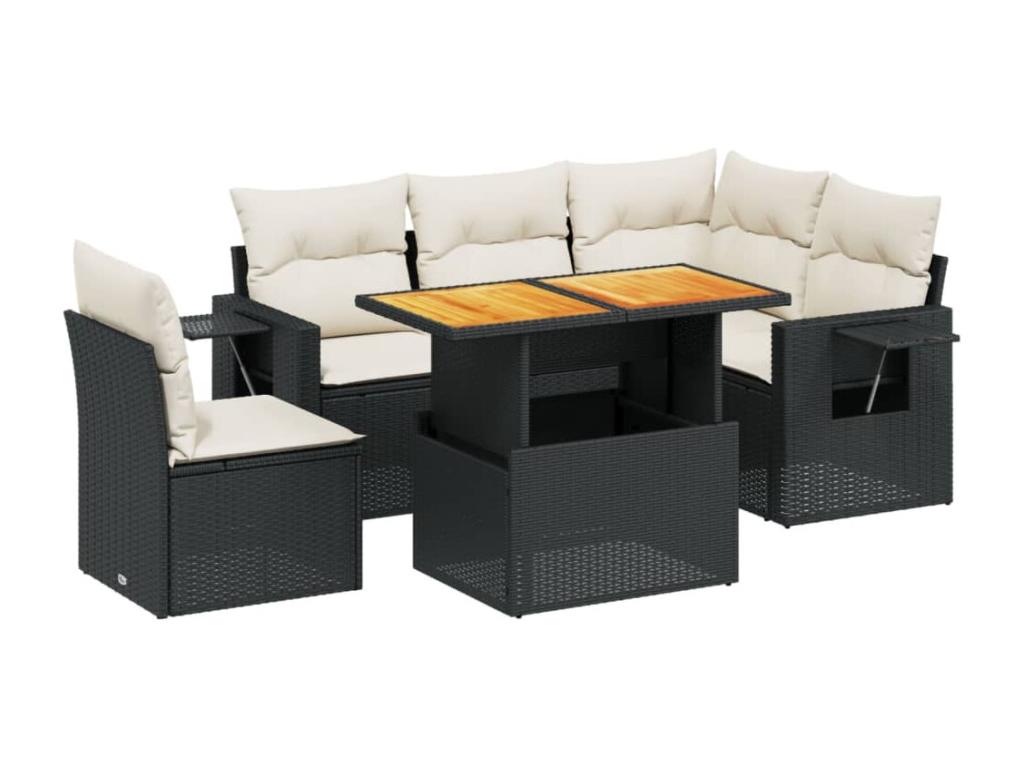 6-piece garden furniture set with cushions, black woven resin
