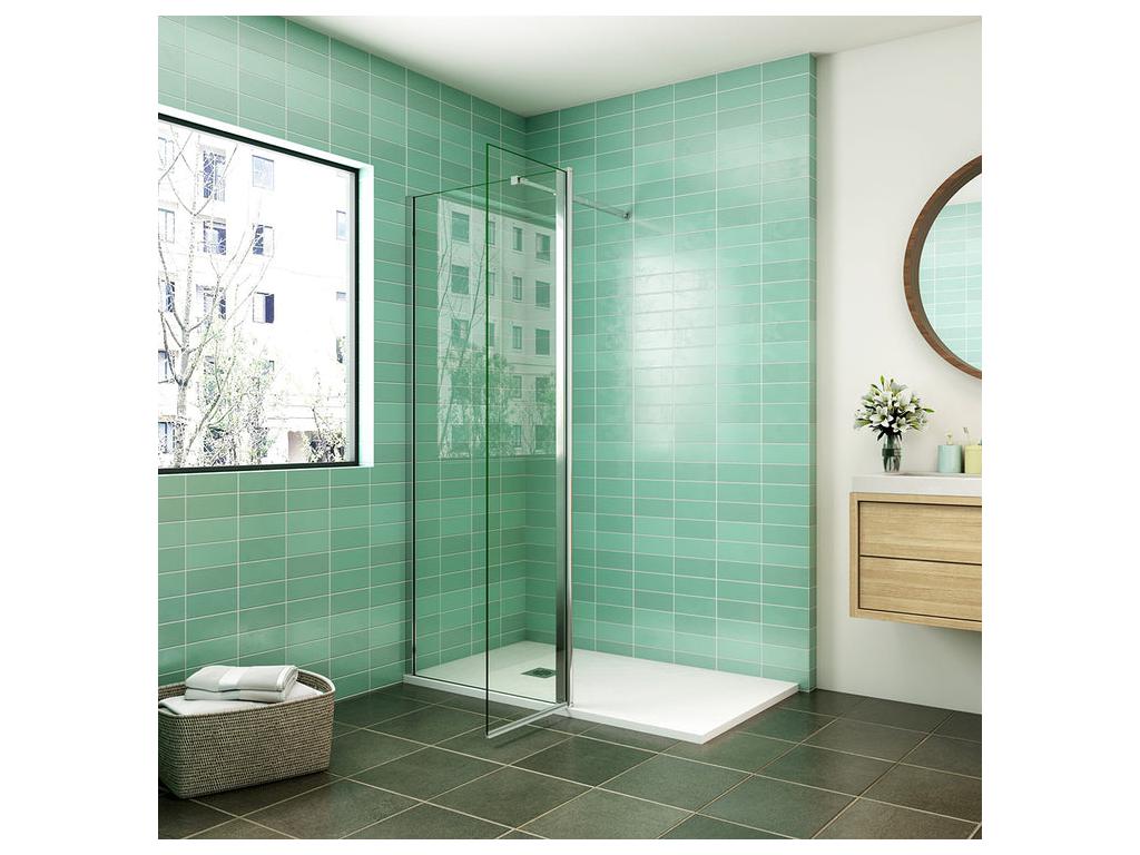 Walk-in shower enclosure 70x200cm with pivoting return 50x200cm - Tempered glass - With 73-120cm square support bar
