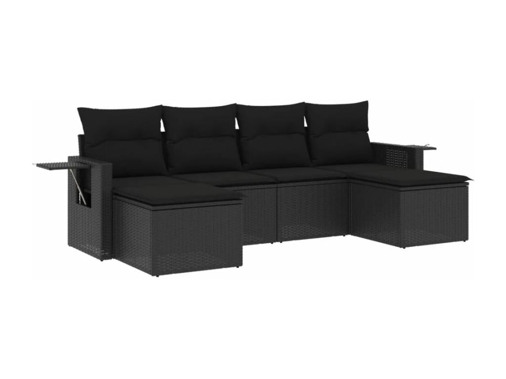 6-piece garden furniture set with cushions, black woven resin