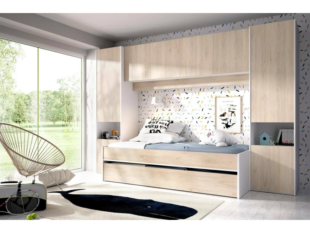 Vertchez Children's Bed Complete Bedroom Set with Bridge Wardrobe and Chest of Drawers Composition with Bed and Pull-Out Single Bed 303x97h203 cm Oak and White