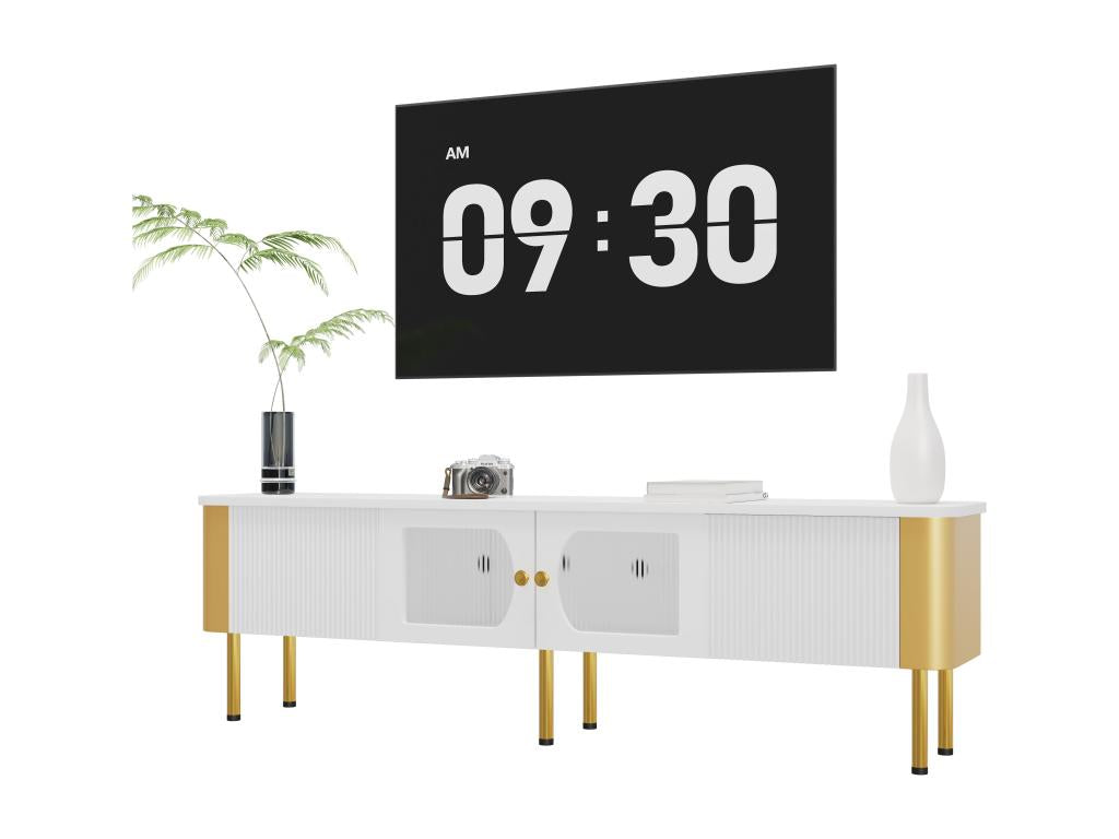 TV stand, 170cm wide - 2 drawers and 2 doors - gold handles and legs - White