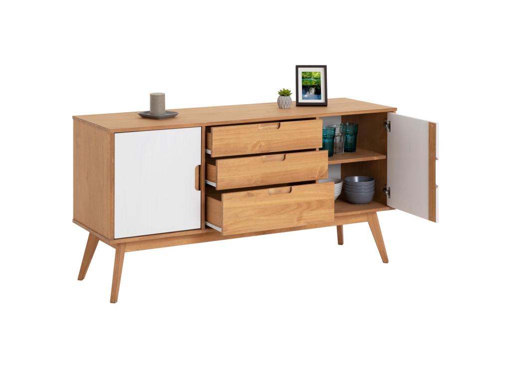 Vertchez vintage Scandinavian Nordic design sideboard, chest of drawers, dresser, 3 drawers, 2 doors, solid pine, stained/white wood finish