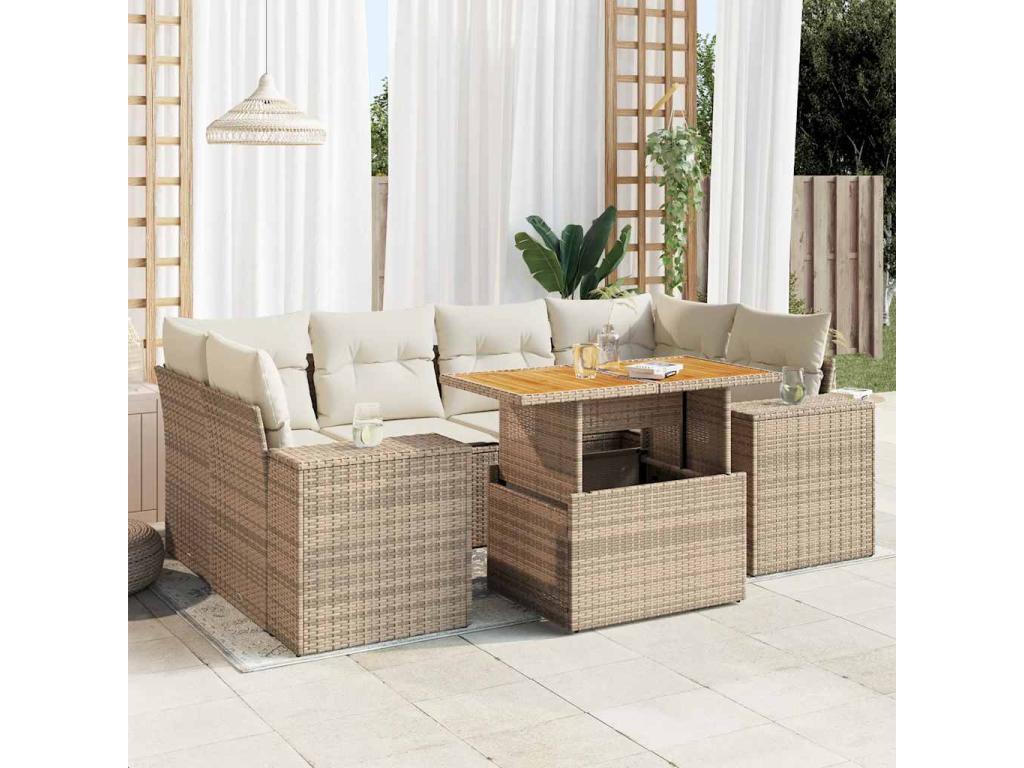7-piece garden furniture set with cushions, beige woven resin