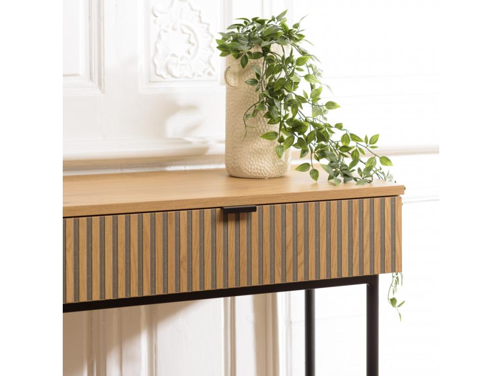 Vertchez - Console table with 2 drawers, black/natural grooved wood effect