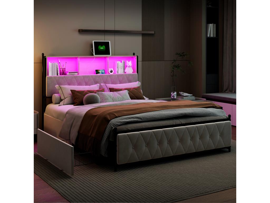 Beige 160x200cm Double Bed with 4 Drawers, LED Lighting, and USB Port