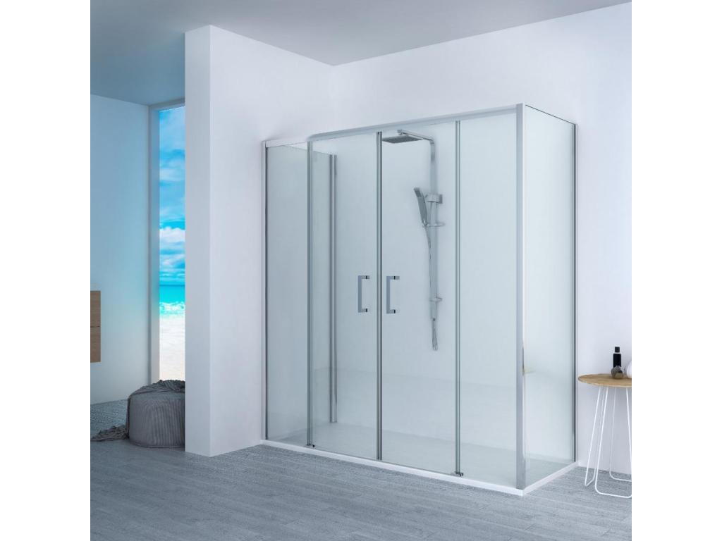 Vertchez Slim White 65x160cm Shower Tray, 200cm High Shower Enclosure with One Fixed Glass Panel and Central Opening with 4 Glass Panels