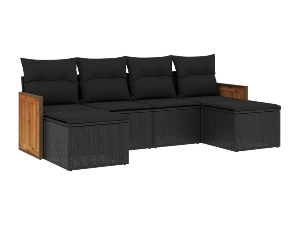 6-piece garden furniture set with cushions, black woven resin