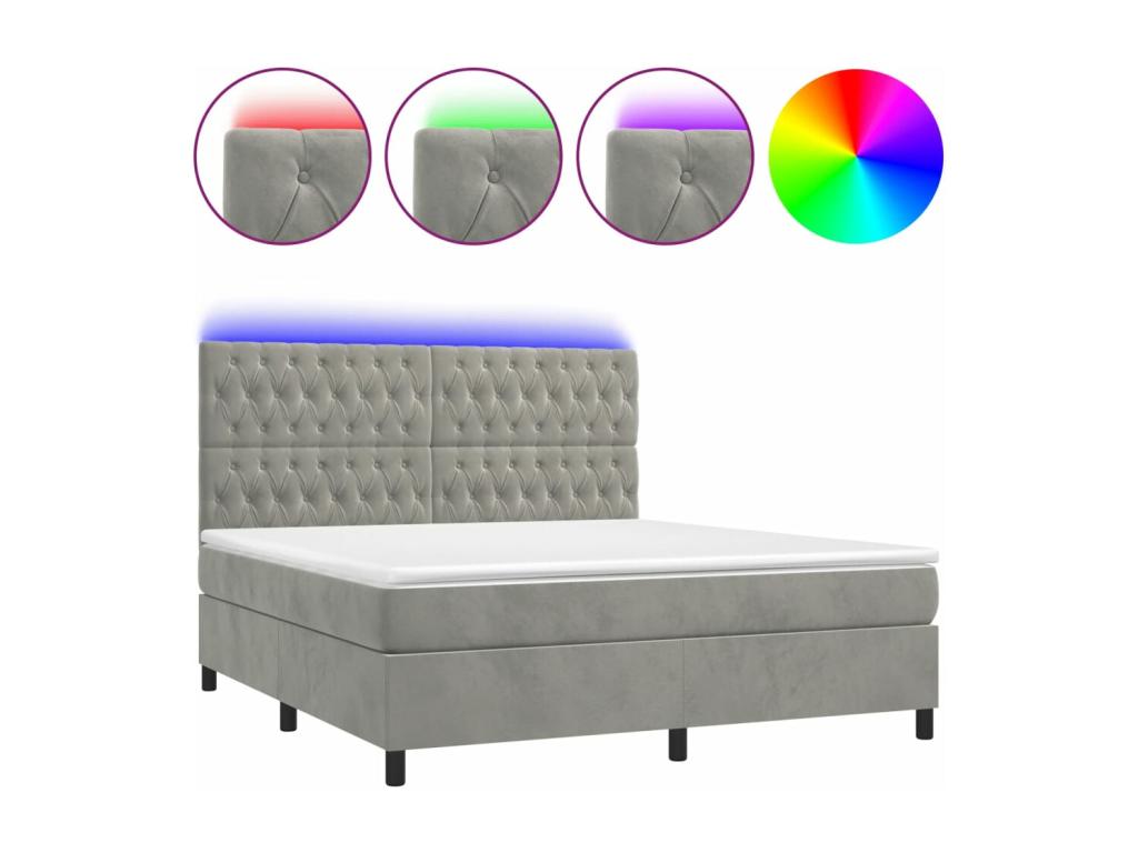Upholstered bed base with mattress and LED light, light grey, 160x200 cm, velvet