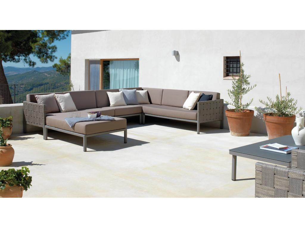 Vertchez aluminum right-arm sofa with brown cushions