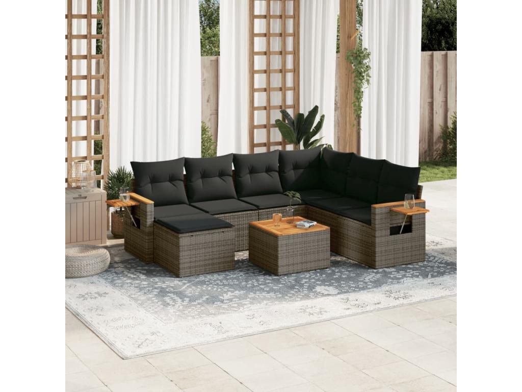 8-piece garden furniture set with grey resin wicker cushions