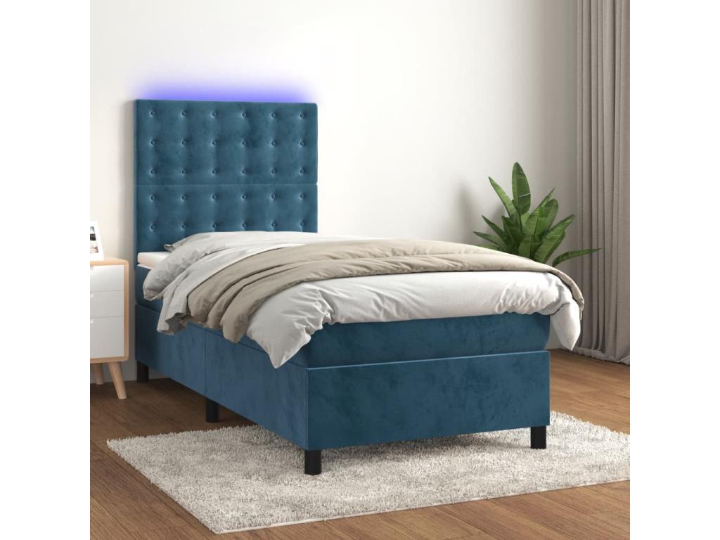 Upholstered bed base and mattress with LED lighting, dark blue, 80x200cm, velvet