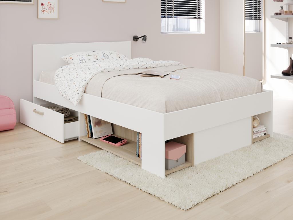 120x190/200 cm bed with storage - White and natural - Vertchez