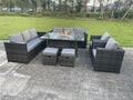 10-seater rattan garden dining set with sofa, chairs, gas fireplace table, and stools. Dark grey.