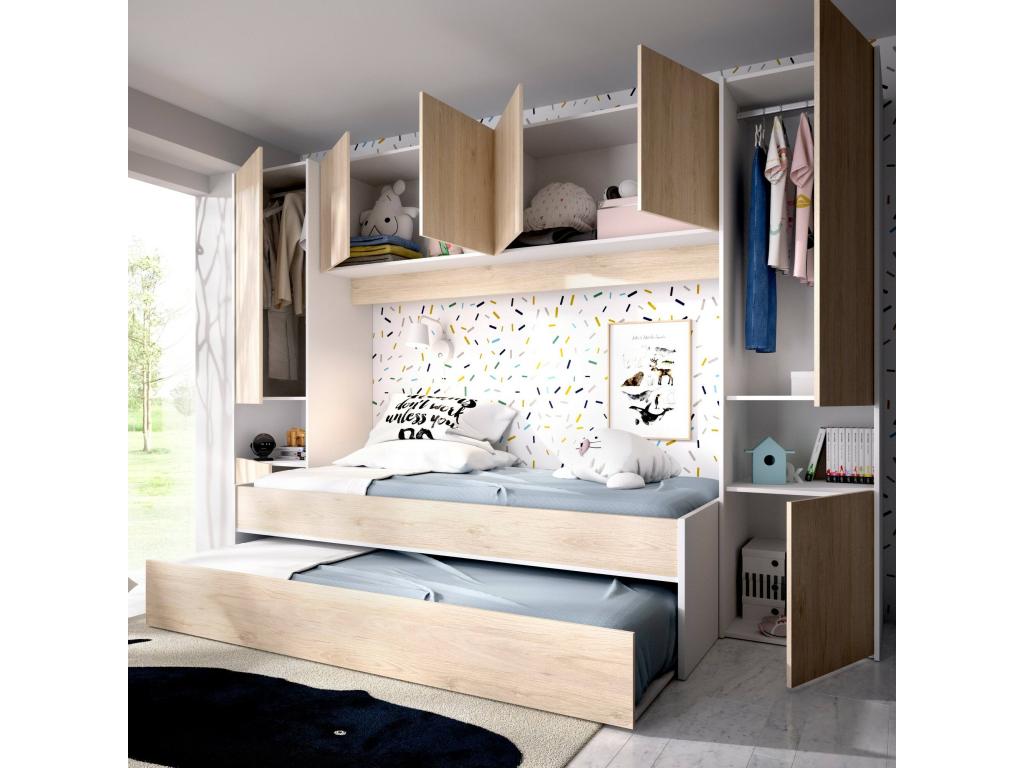 Vertchez Children's Bed Complete Bedroom Set with Bridge Wardrobe and Chest of Drawers Composition with Bed and Pull-Out Single Bed 303x97h203 cm Oak and White