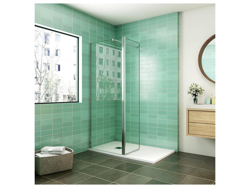 Walk-in shower enclosure 70x200cm with pivoting return 50x200cm - Tempered glass - With 73-120cm square support bar