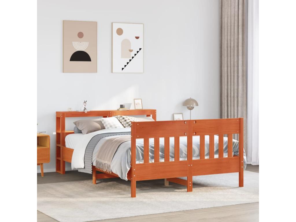 Bed frame without mattress, brown wax finish, 135x190cm, solid pine wood