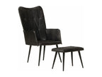 Wingback armchair with footrest, black genuine leather