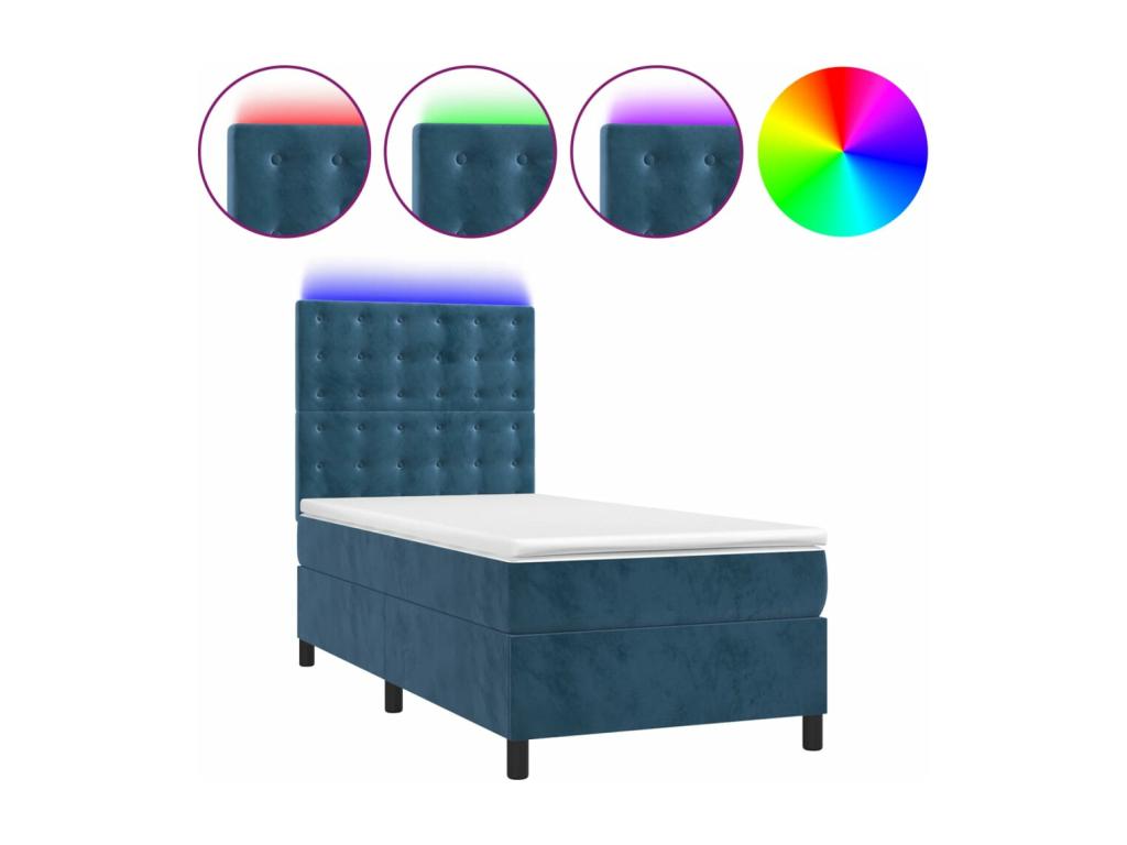 Upholstered bed base and mattress with LED lighting, dark blue, 80x200cm, velvet