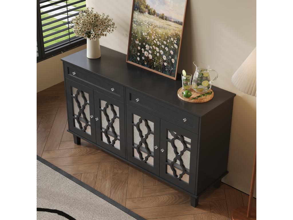 Low sideboard - 2 glass doors with 2 drawers and adjustable shelves - Black