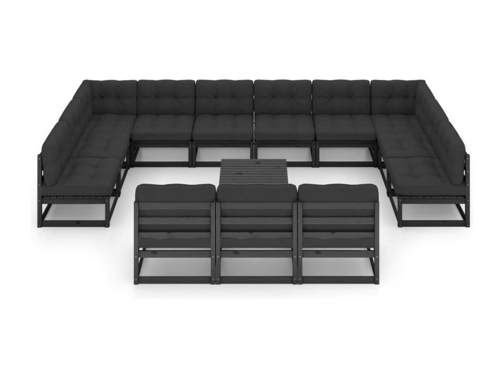 14-piece garden furniture set with cushions, black, solid pine wood