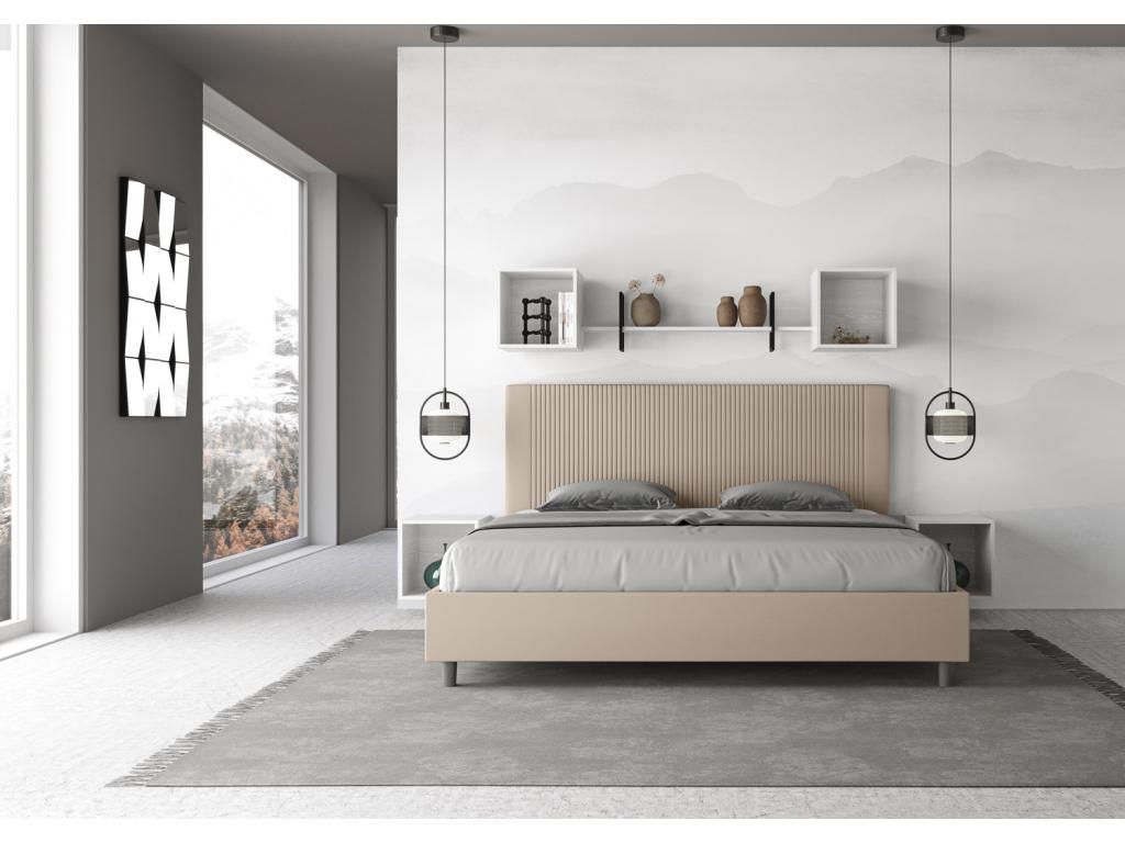 Modern bed with quilted faux leather headboard featuring vertical stripes, Bazen style - Beige - 180x200 cm - Optional storage