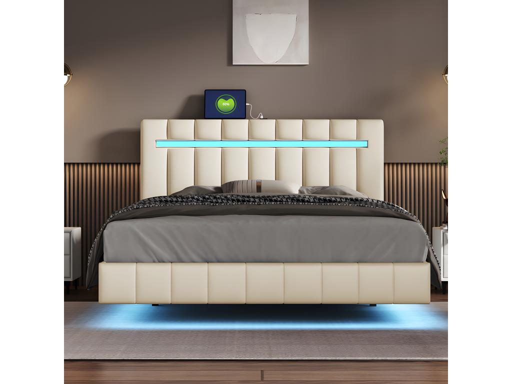 Upholstered linen bed - 140x200cm - with LED lighting and USB charging ports - Beige