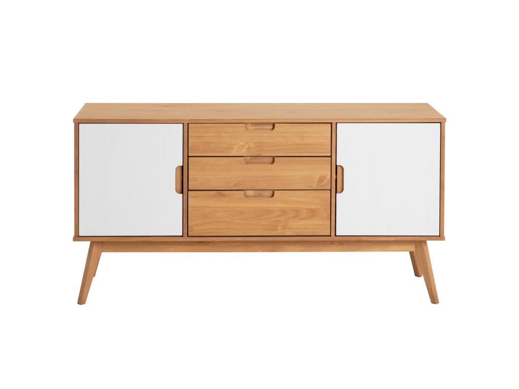 Vertchez vintage Scandinavian Nordic design sideboard, chest of drawers, dresser, 3 drawers, 2 doors, solid pine, stained/white wood finish