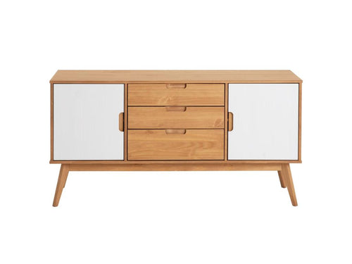 Vertchez vintage Scandinavian Nordic design sideboard, chest of drawers, dresser, 3 drawers, 2 doors, solid pine, stained/white wood finish