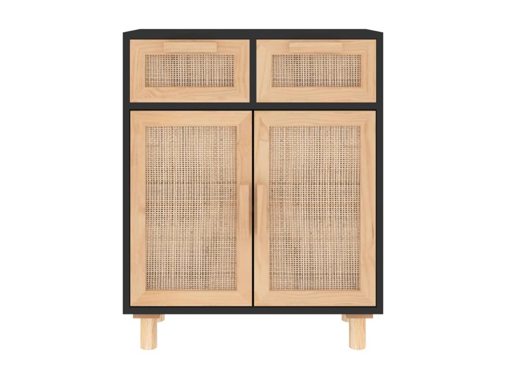 Black sideboard 60x30x75 cm Solid pine wood and natural rattan
