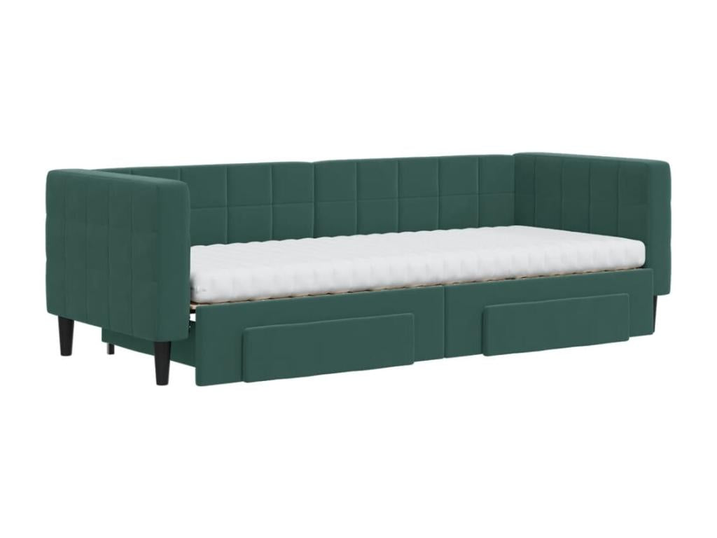 Daybed with trundle and drawers, dark green, 80x200cm, velvet