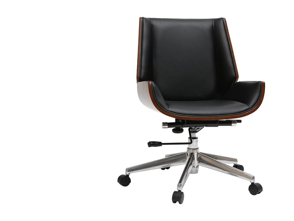 Curved office chair in Vertchez, black design, dark wood, walnut and chrome steel