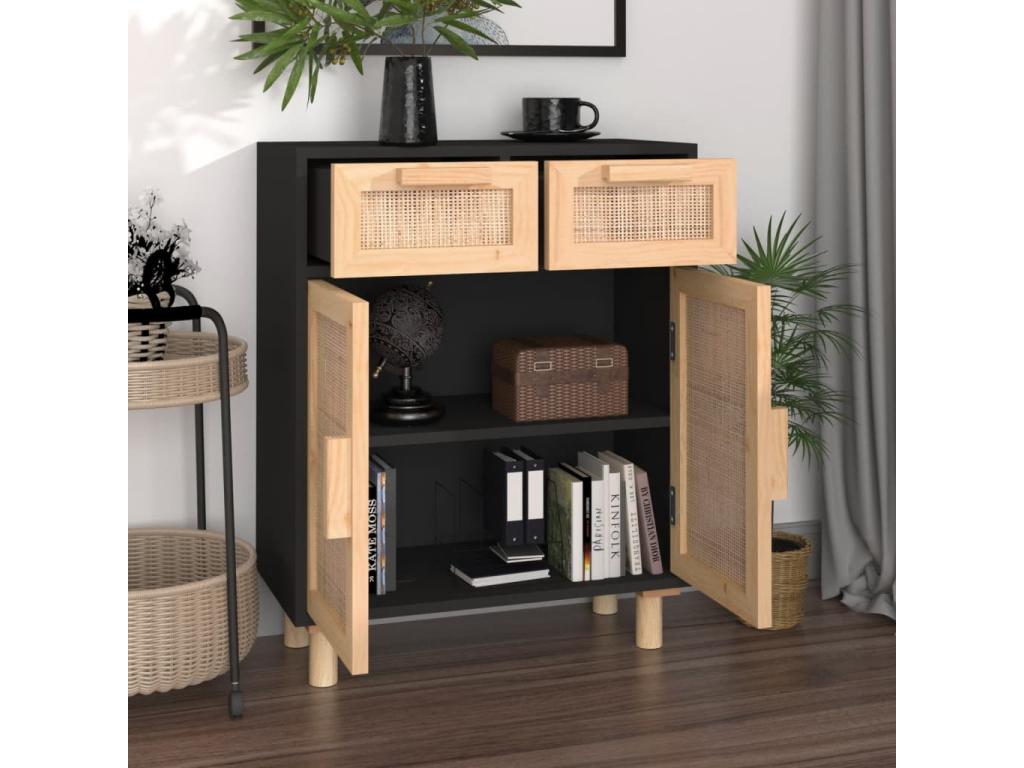 Black sideboard 60x30x75 cm Solid pine wood and natural rattan