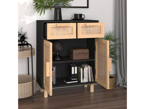 Black sideboard 60x30x75 cm Solid pine wood and natural rattan