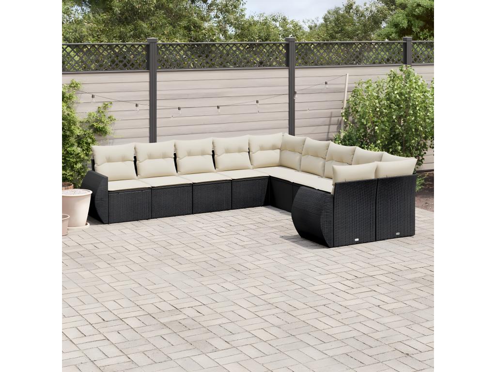 10-piece garden furniture set with cushions, black woven resin