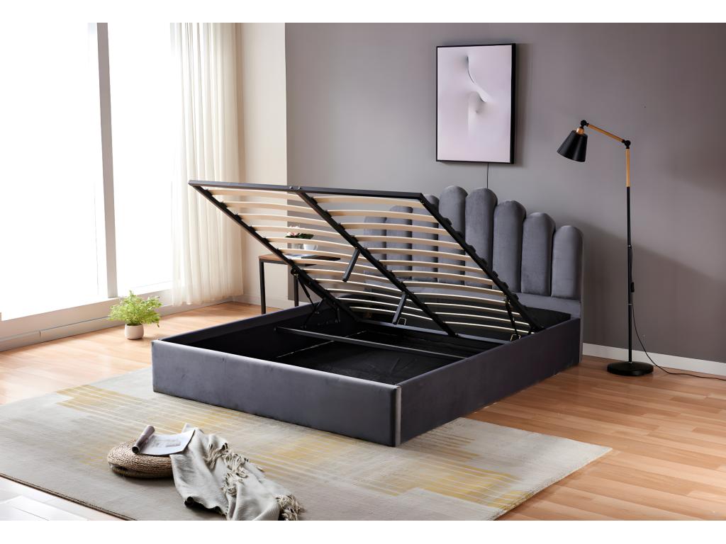 2-seater storage bed 140x190 cm Vertchez grey velvet