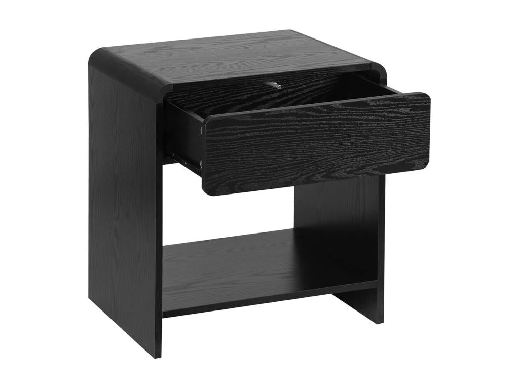 Contemporary black bedside table with a rounded design - with 1 drawer and 1 practical shelf