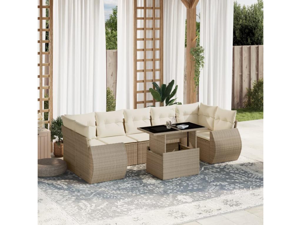 8-piece garden furniture set with cushions, beige woven resin
