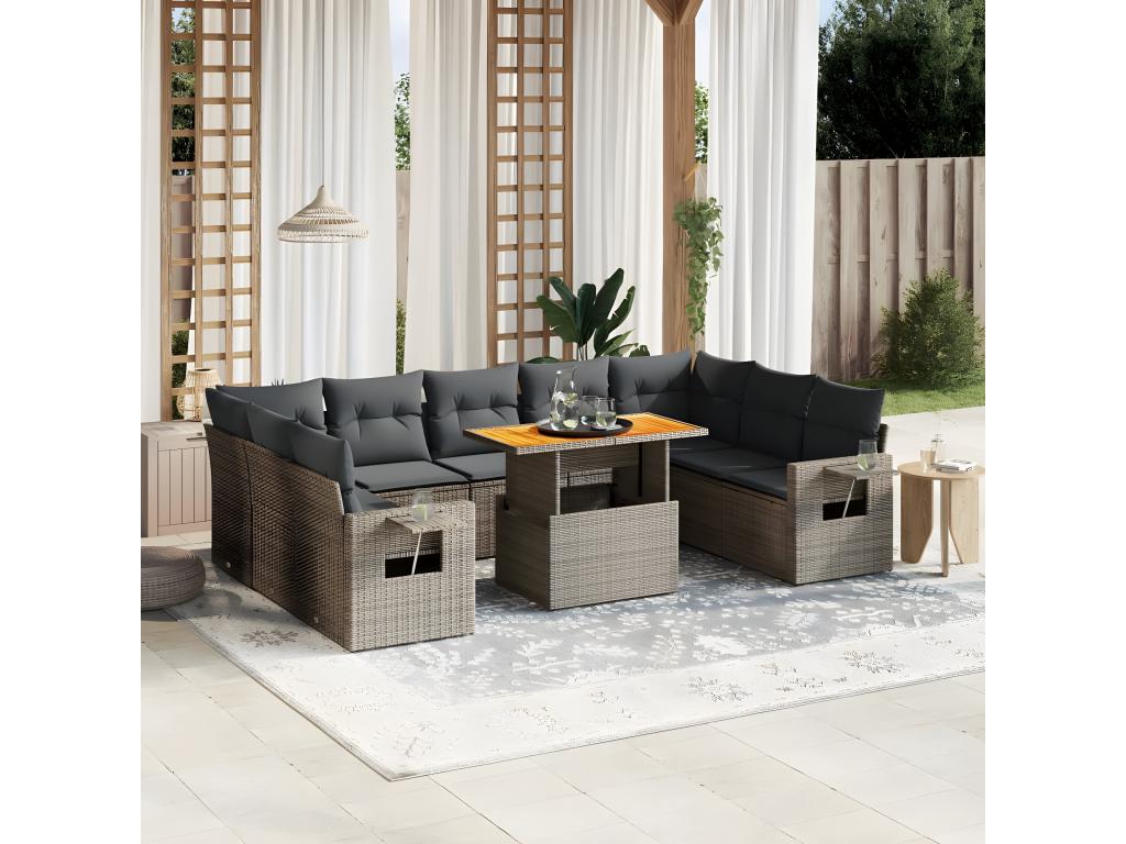 10-piece garden furniture set with cushions, grey woven resin