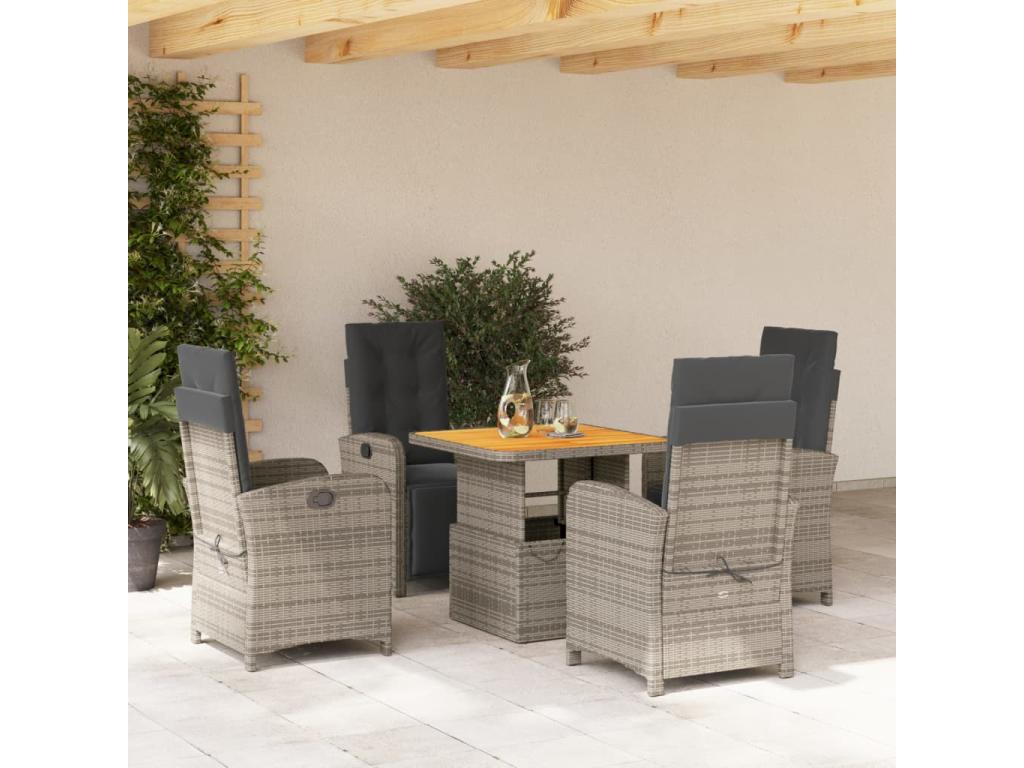 5-piece garden dining set with grey resin wicker cushions