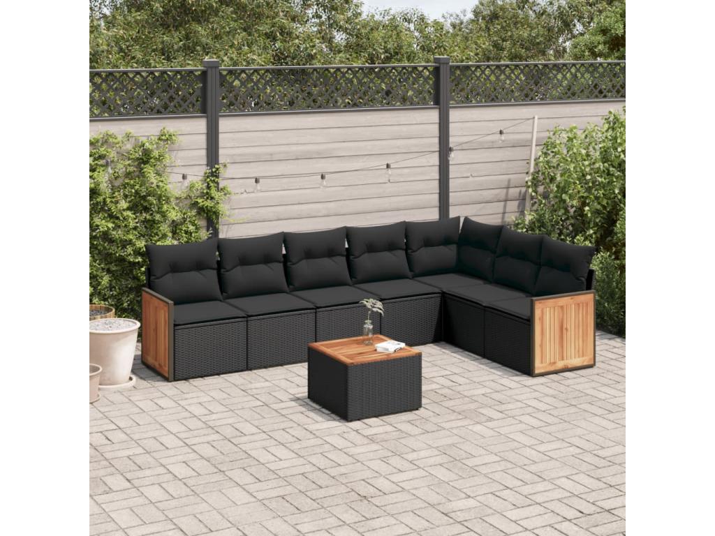 8-piece garden furniture set with cushions, black woven resin