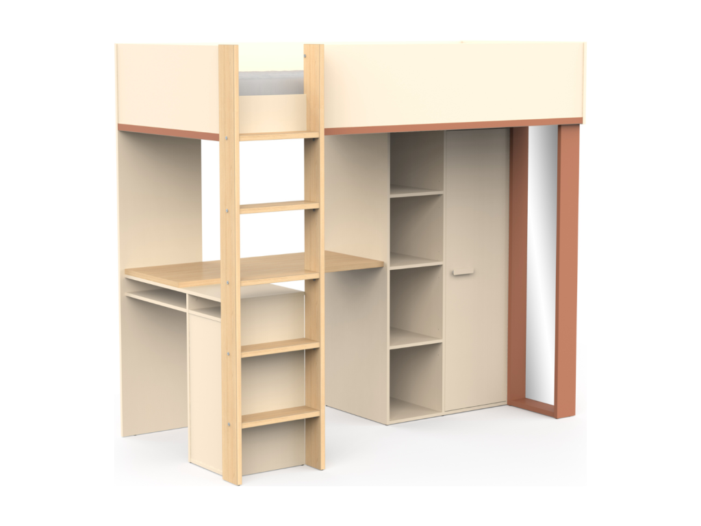 Loft bed with desk and wardrobe, 183 cm high - Vertchez