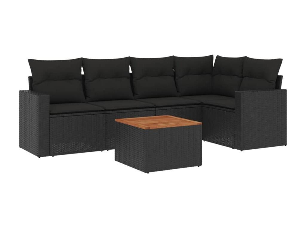 6-piece garden furniture set with cushions, black woven resin