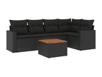 6-piece garden furniture set with cushions, black woven resin
