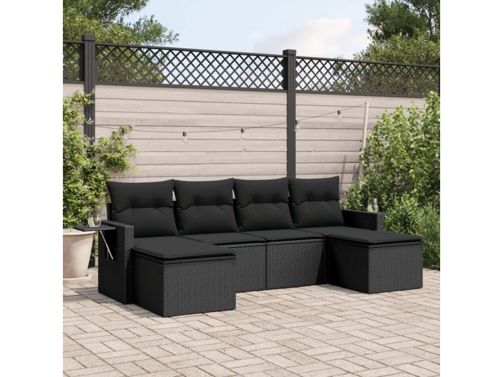 6-piece garden furniture set with cushions, black woven resin