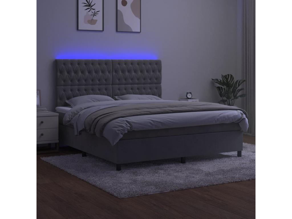Upholstered bed base with mattress and LED light, light grey, 160x200 cm, velvet