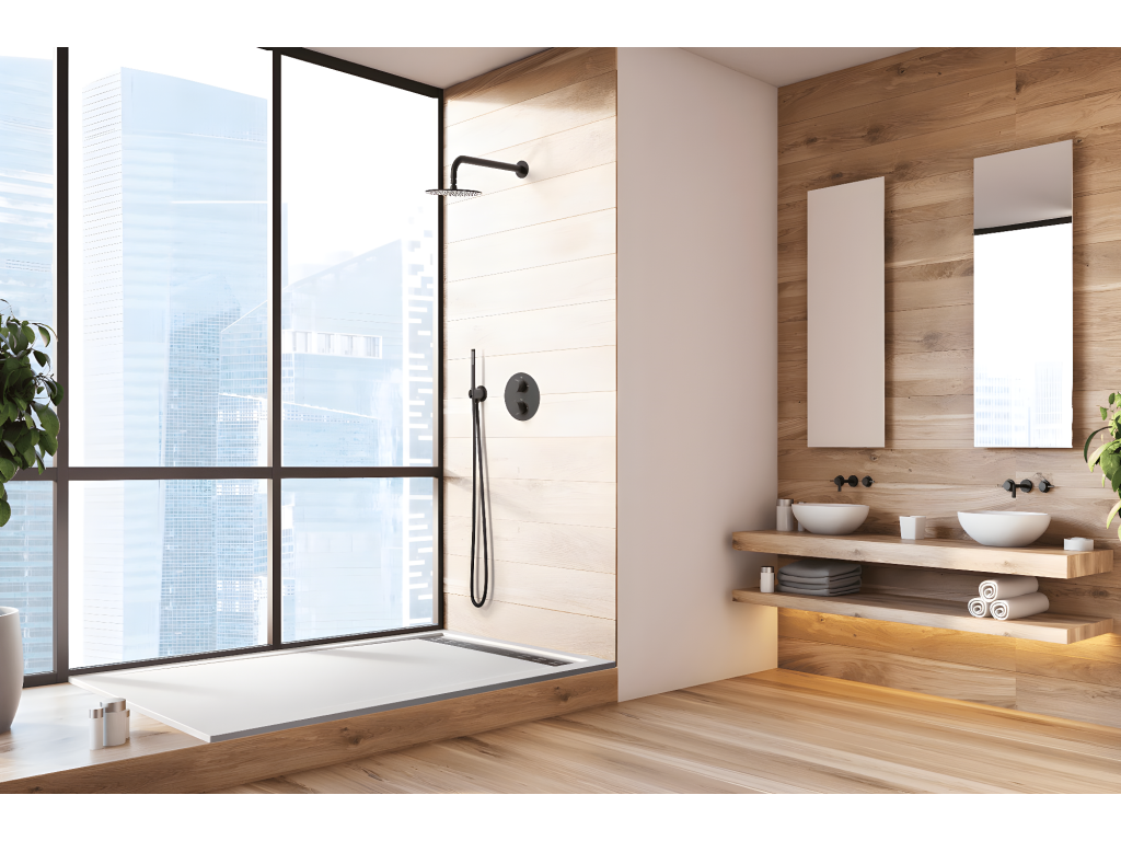 70x165 cm shower tray with side grate, Vertchez Extra Slim white, made of synthetic resin and marble powder, with free drain