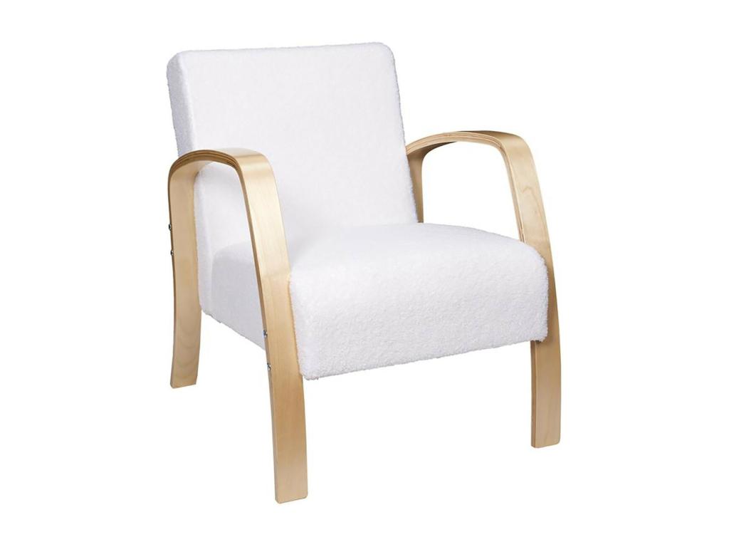 Vertchez - White Boucle Fabric Armchair with Wooden Armrests