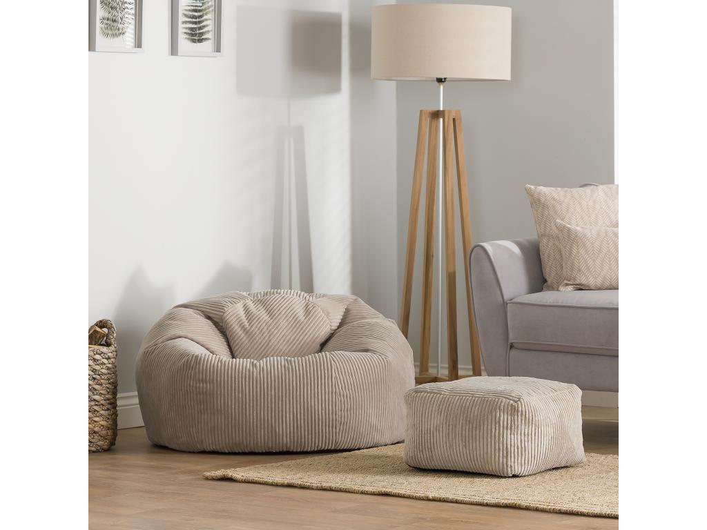 Classic pouf and matching footstool in beige pebble ribbed velvet - Vertchez