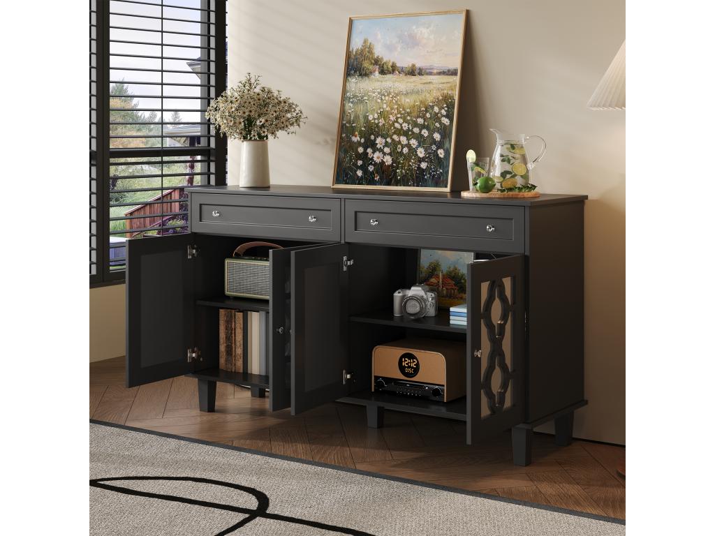 Low sideboard - 2 glass doors with 2 drawers and adjustable shelves - Black